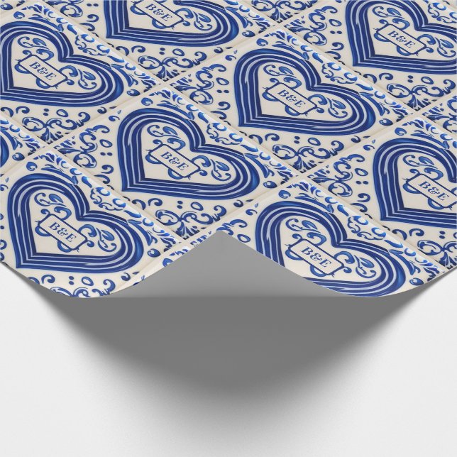 Blue and White Painted Tile Look - Add initials to Wrapping Paper (Corner)