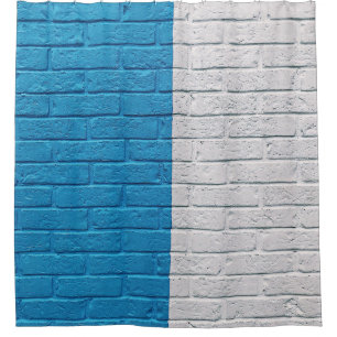 Blue and white painted wall shower curtain