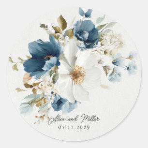 Blue and White Painterly Floral Wedding Classic Round Sticker