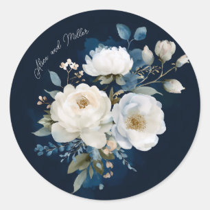 Blue and White Painterly Floral Wedding Thank You Classic Round Sticker