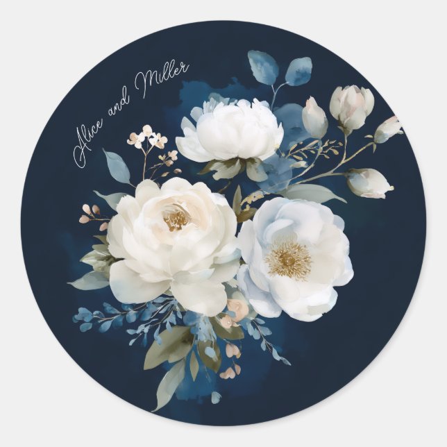 Blue and White Painterly Floral Wedding Thank You Classic Round Sticker (Front)
