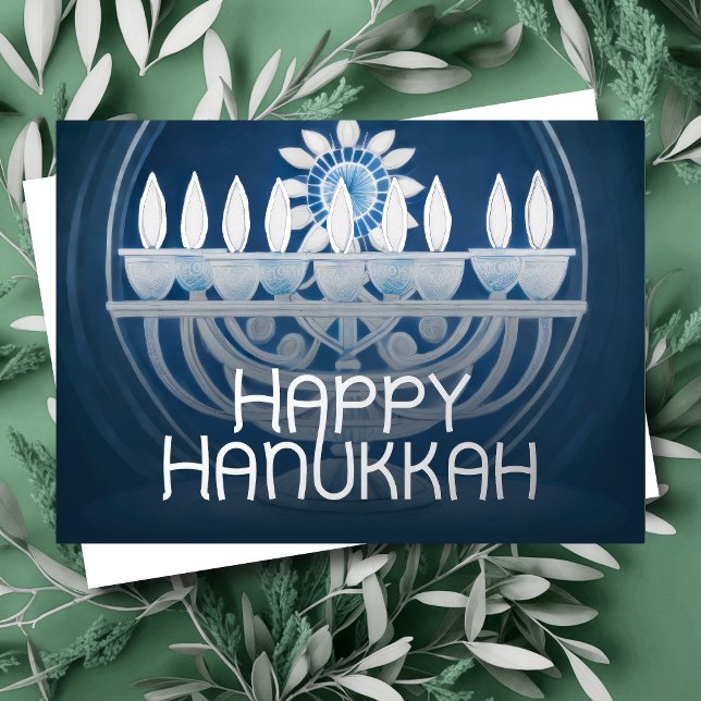 Blue and White Painting of Hanukkah Menorah Foil Holiday Card (Creator Uploaded)