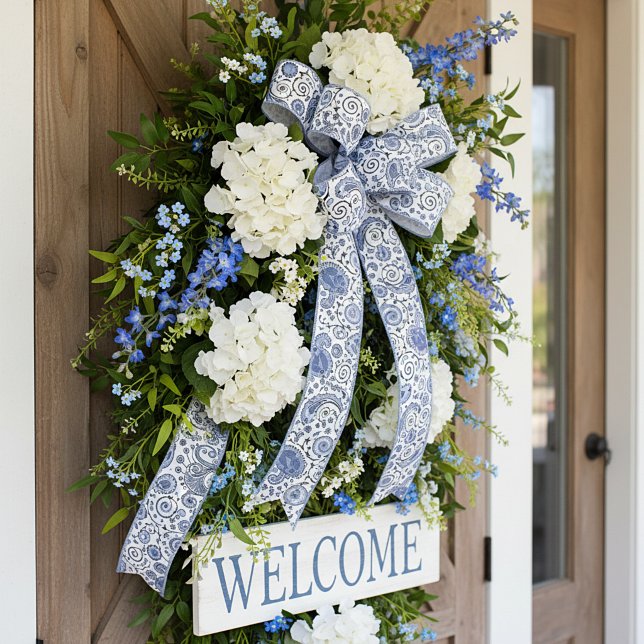 Blue and white paisley satin ribbon (Creator Uploaded)