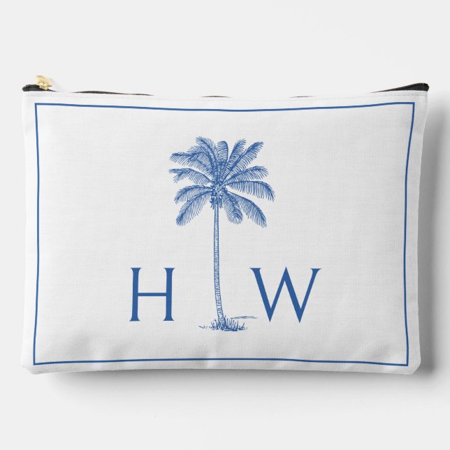 Blue and White Palm Palmetto Tree Monogram Accessory Pouch (Front)