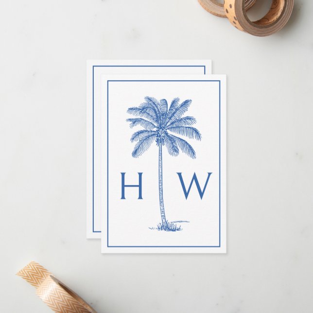 Blue and White Palm Palmetto Tree Monogram Card (Front/Back In Situ)