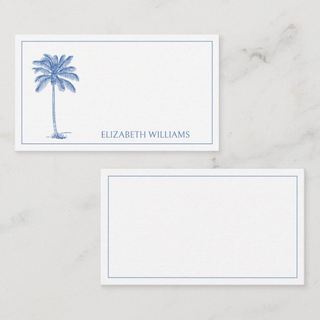 Blue and White Palm Palmetto Tree Monogram Card (Front/Back)