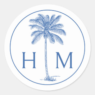 Blue and White Palm Palmetto Tree Monogram Classic Round Sticker