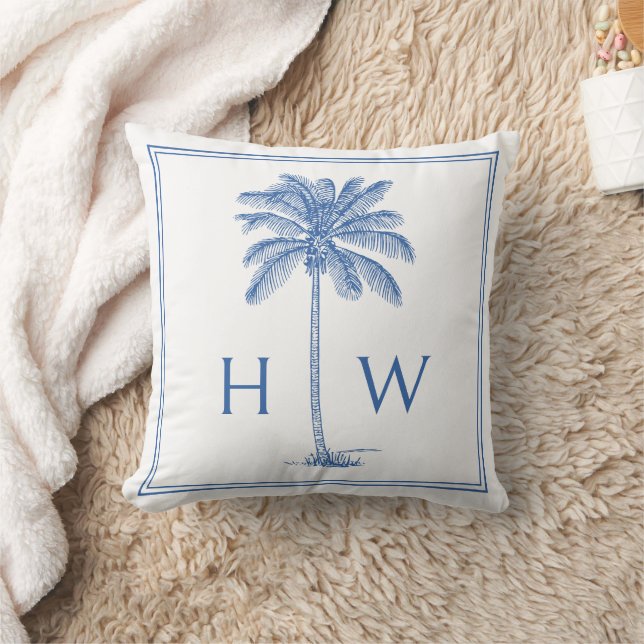 Blue and White Palm Palmetto Tree Monogram Cushion (Blanket)