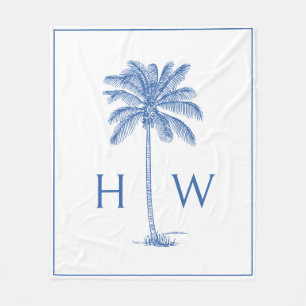 Blue and White Palm Palmetto Tree Monogram Fleece Blanket