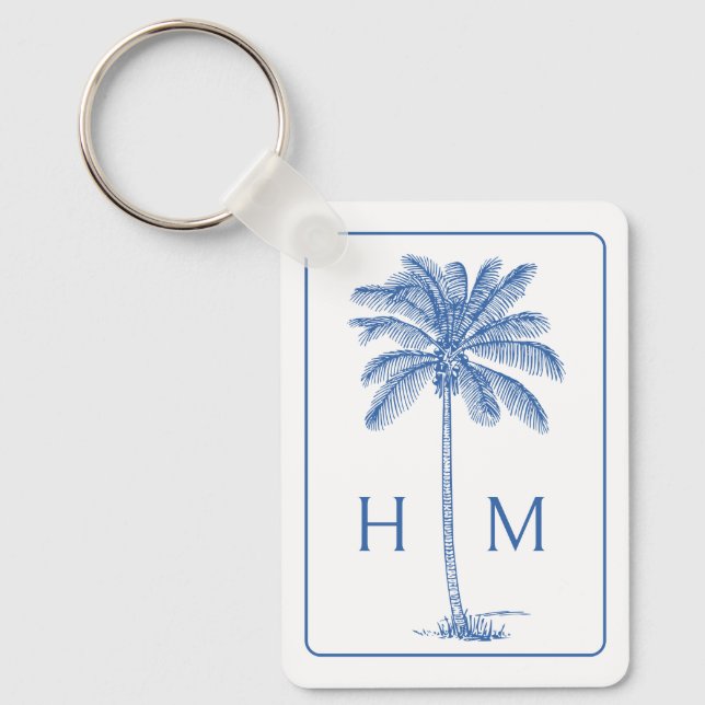 Blue and White Palm Palmetto Tree Monogram Key Ring (Front)