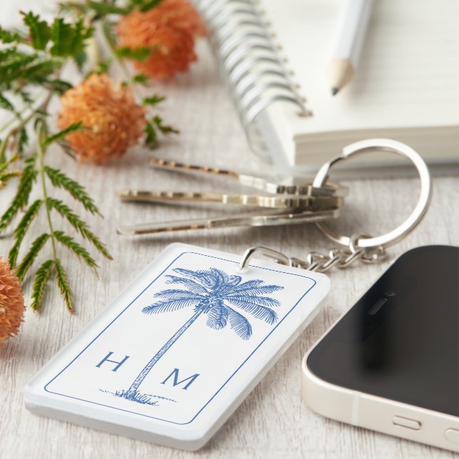 Blue and White Palm Palmetto Tree Monogram Key Ring (Front Right)