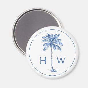 Blue and White Palm Palmetto Tree Monogram Magnet