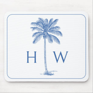 Blue and White Palm Palmetto Tree Monogram Mouse Mat