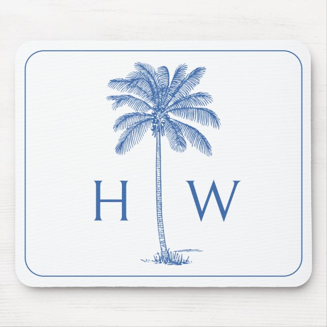 Blue and White Palm Palmetto Tree Monogram Mouse Mat (Front)