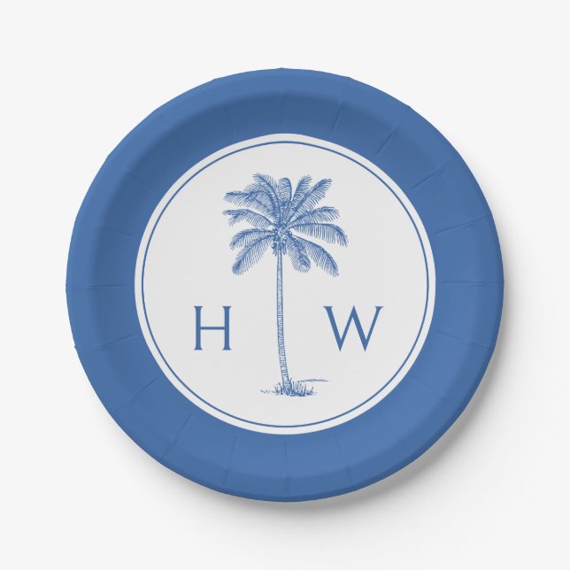 Blue and White Palm Palmetto Tree Monogram Paper Plate (Front)