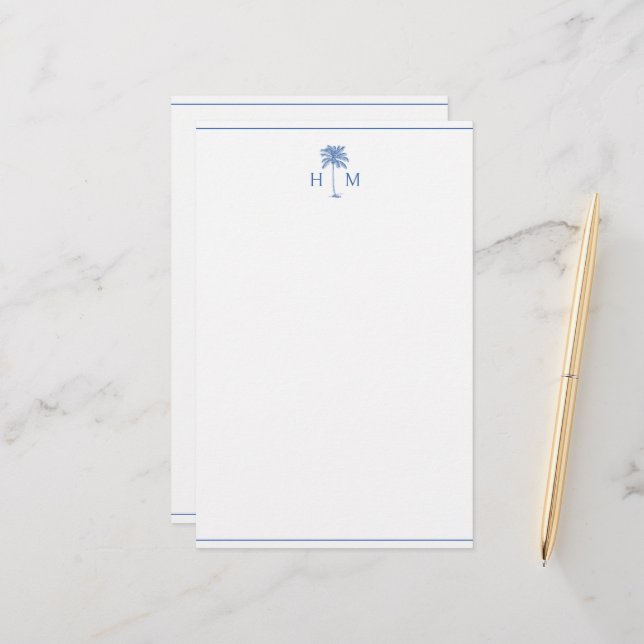 Blue and White Palm Palmetto Tree Monogram Stationery (Front/Back In Situ)
