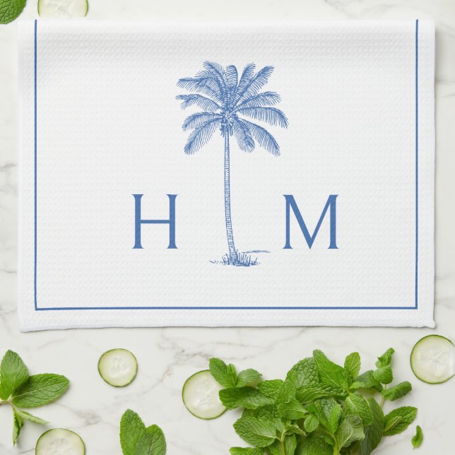 Blue and White Palm Palmetto Tree Monogram Tea Towel (Folded)