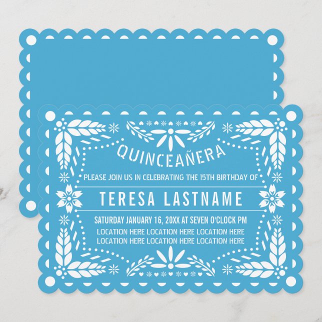 Blue and white papel picado Quinceañera Invitation (Front/Back)