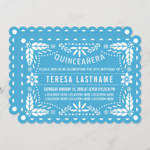 Blue and white papel picado Quinceañera Invitation