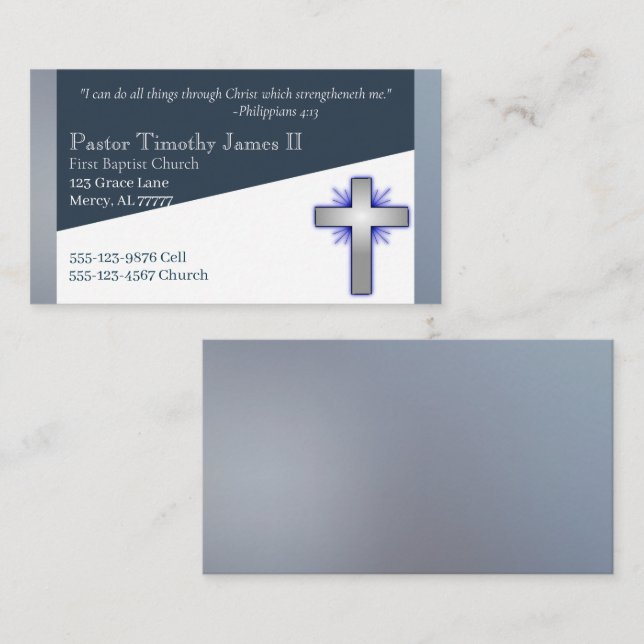 Blue and White Pastor or Deacon Cross Business Card (Front/Back)