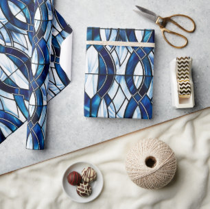 Blue and White Patriotic Stained Glass 4th of July Wrapping Paper
