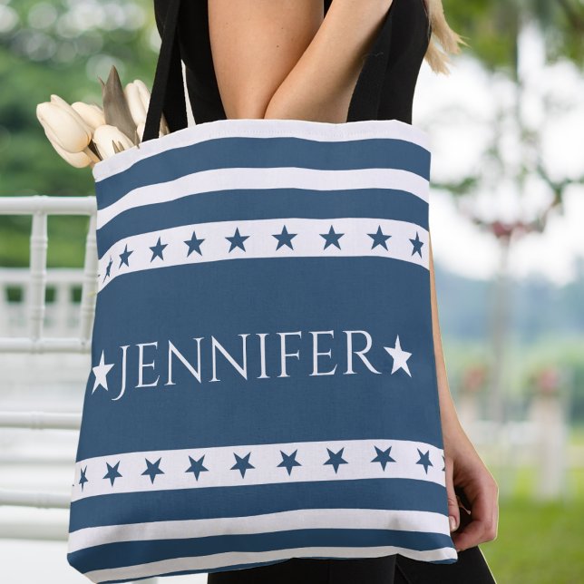 Blue and White Patriotic Stars and Stripes Custom Tote Bag (Blue and White Patriotic Stars and Stripes Custom Tote Bag - Just add your name or special text!)