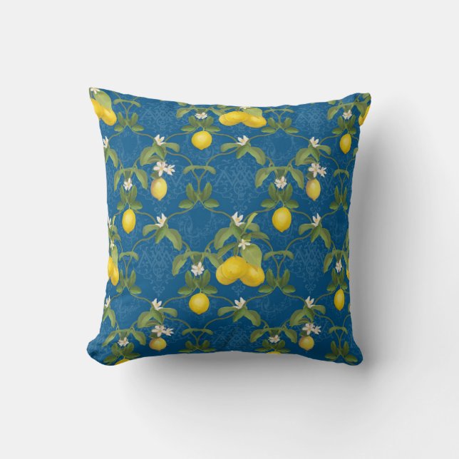 Blue and White Pattern Lemons Leaf Trellis Floral Cushion (Front)
