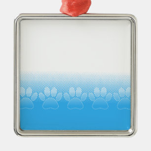 Blue And White Paws With Newsprint Background Metal Tree Decoration