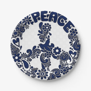 blue and white peace sign paper plates