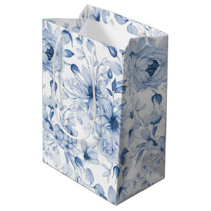 Blue and White Peonies and Blossoms Watercolor Medium Gift Bag