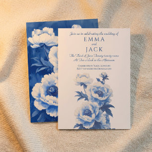 Blue and white peonies wedding invitation