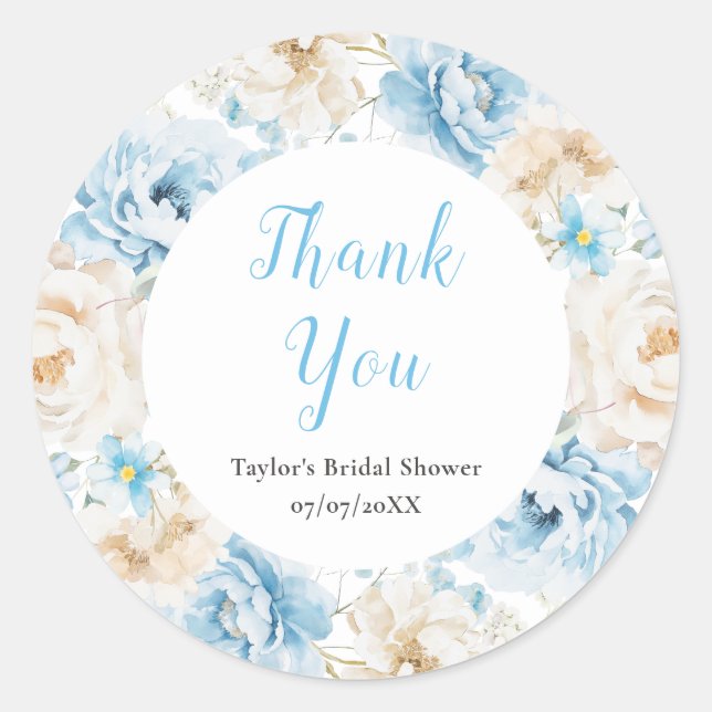 Blue and White Peony Bridal Shower Thank You Classic Round Sticker (Front)