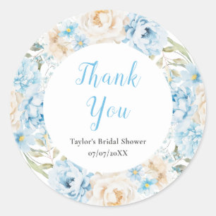 Blue and White Peony Bridal Shower Thank You Classic Round Sticker