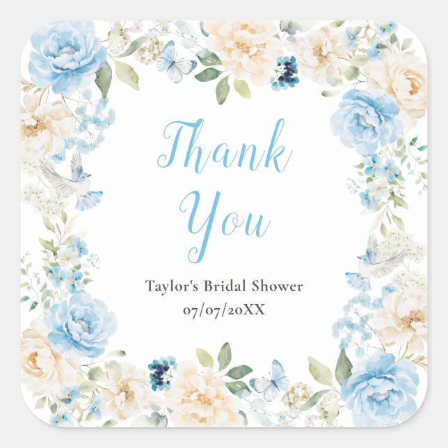 Blue and White Peony Bridal Shower Thank You Square Sticker (Front)