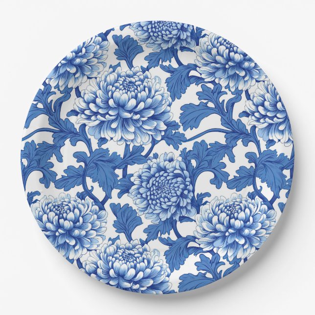 Blue and White Peony Chinoiserie Floral Paper Plate (Front)
