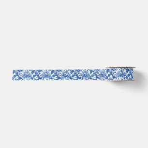 Blue and White Peony Chinoiserie Floral Satin Ribbon