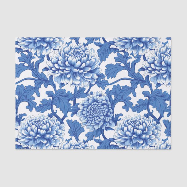 Blue and White Peony Chinoiserie Floral Tissue Paper (Front)