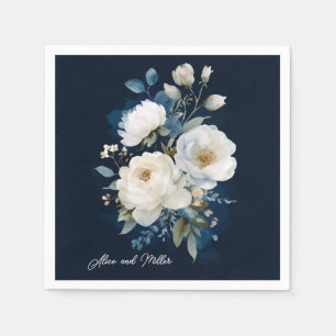 Blue and White Peony Floral Wedding Thank You Napkin