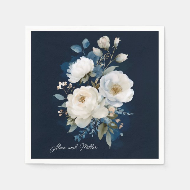 Blue and White Peony Floral Wedding Thank You Napkin (Front)