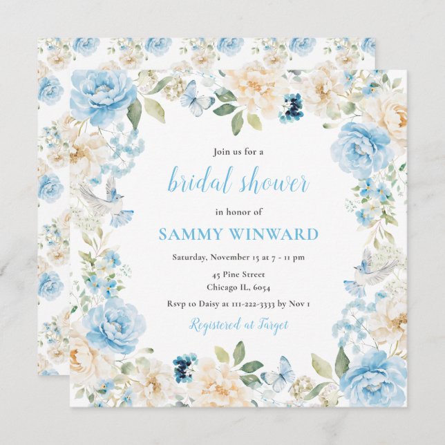 Blue and White Peony Flowers Bridal Shower Invitation (Front/Back)