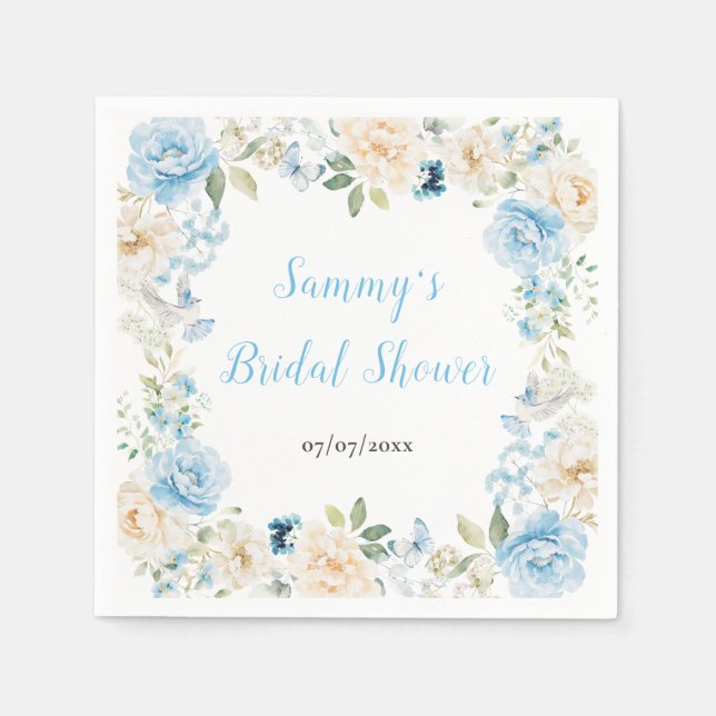 Blue and White Peony Flowers Bridal Shower Napkin (Front)