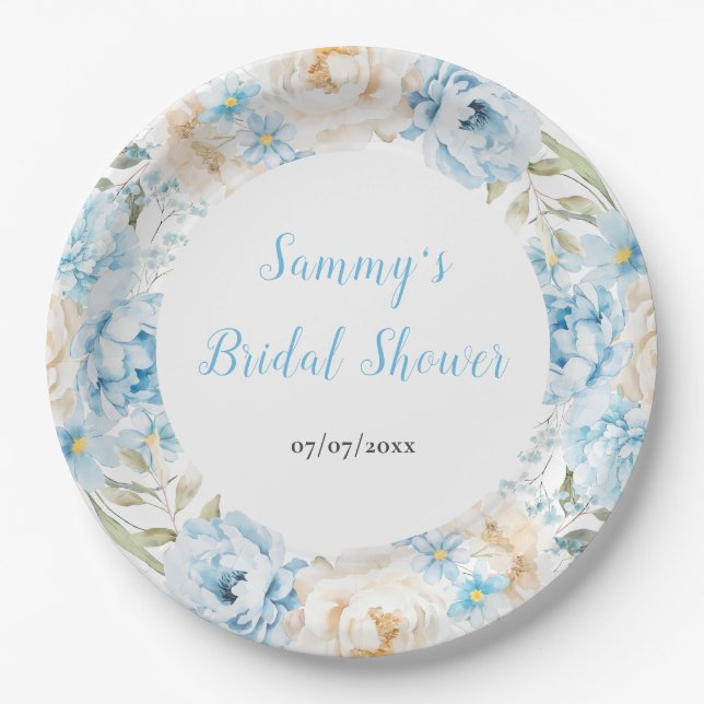 Blue and White Peony Flowers Bridal Shower Paper Plate (Front)