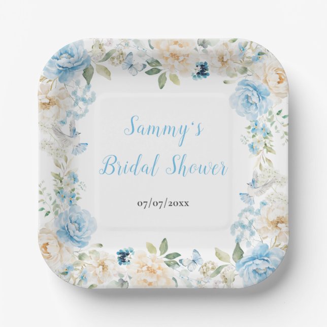 Blue and White Peony Flowers Bridal Shower Paper Plate (Front)