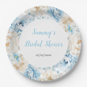 Blue and White Peony Flowers Bridal Shower Paper Plate