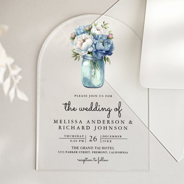 Blue and White Peony Mason Jar Wedding Acrylic Invitations (Creator Uploaded)