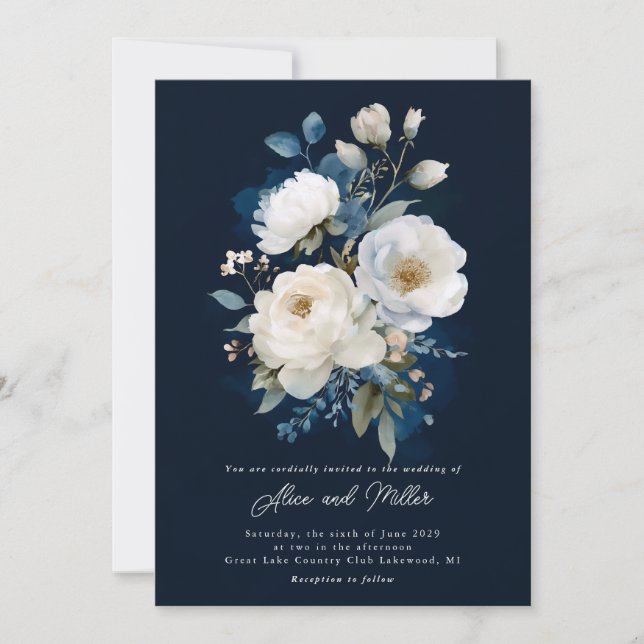 Blue and White Peony Wedding Invitation (Front)