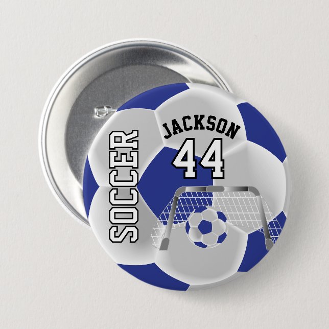 Blue and White Personalise Soccer Ball 7.5 Cm Round Badge (Front & Back)