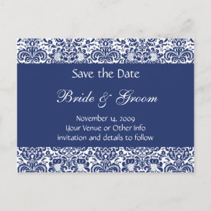 Blue and White Personalised Damask Save the Date Announcement Postcard