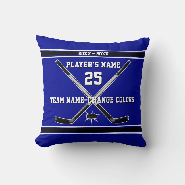Blue and White, Personalised Hockey Gifts Cushion (Front)