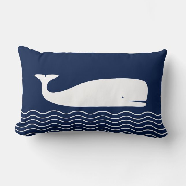 Blue and White Pillow, Whale, Nautical Nursery Lumbar Cushion (Front)